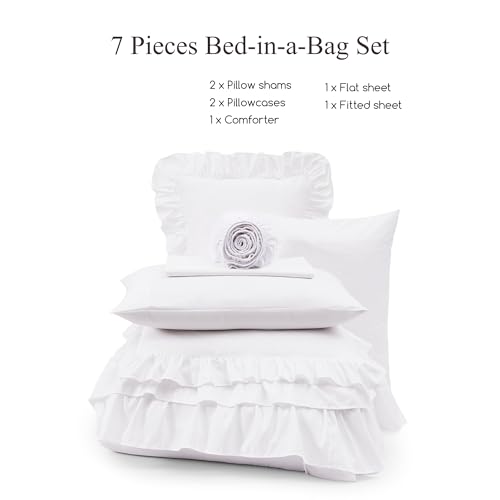Image of Full Size Comforter Set White Ruffle 7 Pieces Farmhouse Bed in a Bag | Shabby Chic Fluffy All Season Bedding Sets with Sheets, Pillowcases & Shams