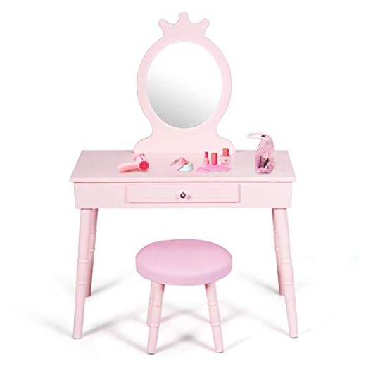 HOMGX Chair, Princess Dressing Table with Cushioned Stool, Large Drawer and Crown Mirror, Sturdy Pine Leg, Pretend Beauty Makeup Play Set for Children (Pink)