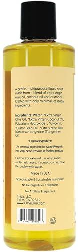 Image of Claya Tangerine Liquid Castile Soap - Organic Ingredients, Biodegradable, Gentle for Sensitive Skin and Versatile Use (16 fl oz (Disc Cap))