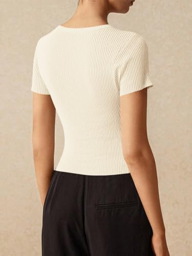 Image of Imily Bela Womens Short Sleeve Sweater Tops Summer Button Down Casual Ribbed Knit Slim Fit Cropped Cardigan Shirts