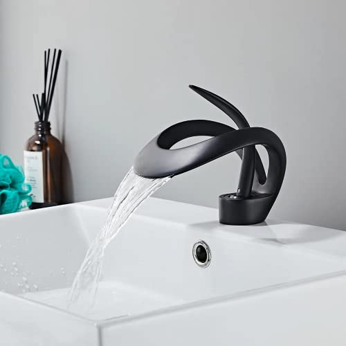 Lovedima Elegant Waterfall Single Handle 1-Hole Bathroom Vessel Sink Faucet Solid Brass Lavatory Vanity Sink Faucet,Black #TOP1