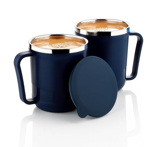 Image of XMART India Insulated Stainless Steel Coffee Mug with Lid - 300ml Double Wall Tea & Milk Mug for Travel, Home, Office, Restaurant Stylish, Leakproof, Drinkware Gifts for Woman,Man (2, Navy Blue)