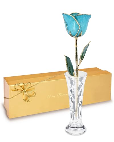 Forever Rose Hand-Dipped in 24K Gold, Aquamarine-Inspired March Birthstone with