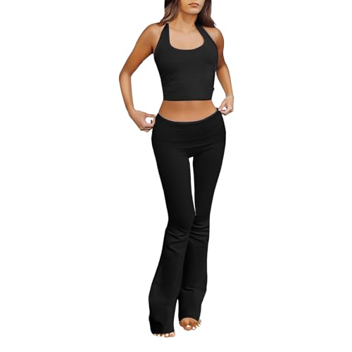 Workout Outfits for Women 2 Piece Halter Neck Crop Tank Top and High Waist Flare Pants Tracksuit Sets Streetwear