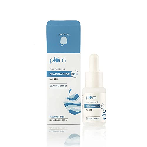 Plum 10% Niacinamide Serum with Rice Water | Serum for Face | Vitamin B3 with Japanese Fermented Rice Water | For Clear, Blemish-Free, Bright Skin | Suits All Skin Types | Fragrance-Free | 15 ml