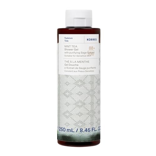 KORRES MINT TEA Gel de ducha con extracto de salvia purificante, con aroma revitalizante a menta, el baño y el afeitado, testado dermatológicamente, vegano, sin siliconas ni parabenos, 250 ml