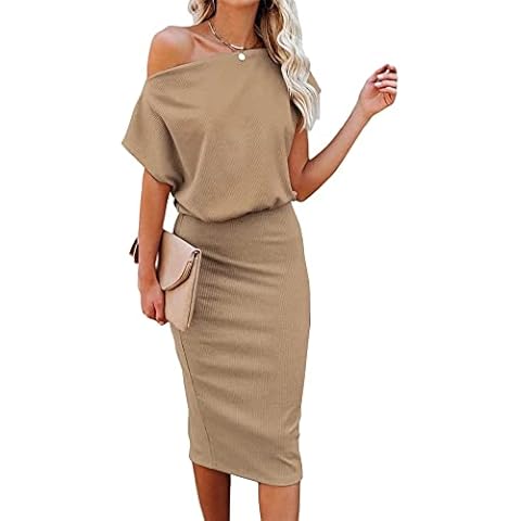 Dressmine Vestido midi ajustado de manga corta acanalada de fiesta casual con hombros descubiertos para mujer Cover