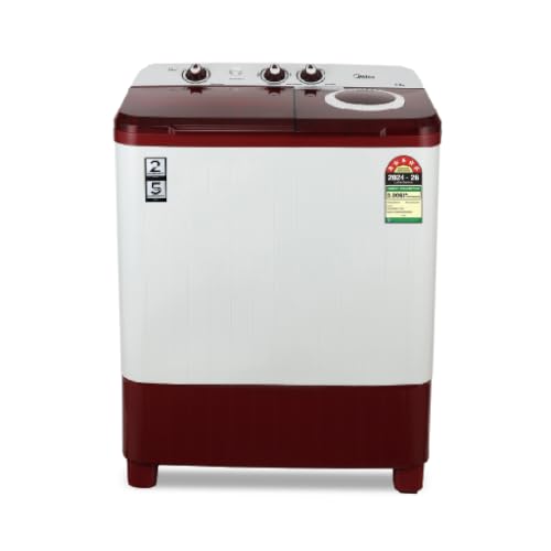 Image of Midea 7.5kg Semi Automatic Top Load Washing Machine, Collar Scrubber, Dual Wave Pulsator, 1350 RPM High-Speed Spin, Air Dry Spin Lid, Top Load Washer (MWMSA075PDX (MW), Maroon-White)