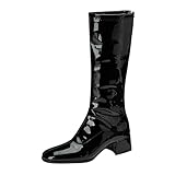 Lizoleor Elegant Bout Carré Back Zippées Femme Knee Bottes Mi-Mollet Large Fit Bloc Moyen Cuir Verni Sweet Long Bottes Habillées Noir Taille 38 EU/39Cn