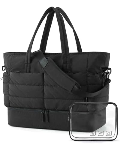 BAGSMART Large Travel Duffel Bag with Shoe Compartment, Puffer Carry-On Gym Weekender Bag for Women, Charcoal