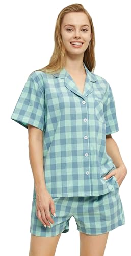 HiddenValor Women's 2 Piece Cotton Pajama Set, Short Sleeve Button Down Sleepwear Shorts Lounge Sets With Pockets