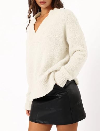 Daacee Oversized Fuzzy Pullover Sweaters for Women Trendy Long Sleeve Ribbed V Neck Knit Jumpers Tops2