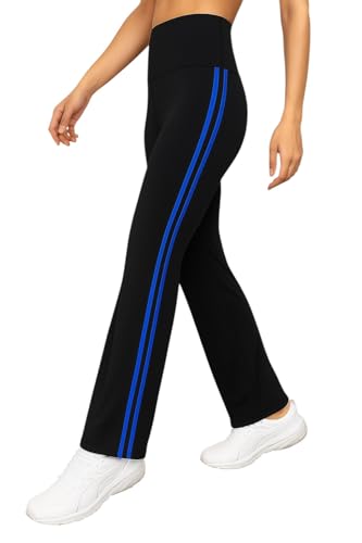 Image of Women's Black Flared Yoga Pants with Neon Green Side Stripes | High Waist Stretch Bootcut Workout Trousers