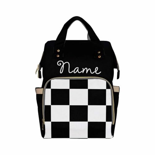 Personalized Diaper Bag with Name, Classic Black and White Checkered Pattern, Monogram Nappy Backpack with Thermal Pockets for Adults Kids, Large Capacity Waterproof Diaper Bag