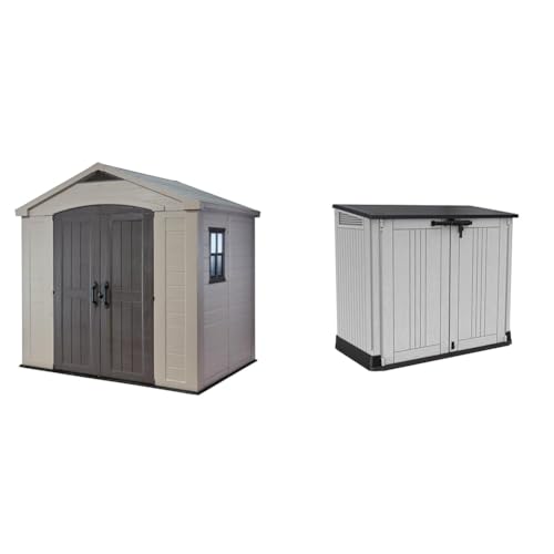 Keter Factor 8 x 6 ft Outdoor Storage Shed, Beige/Brown & Store It Out Nova Outdoor Garden Furniture Storage Shed Light Grey with Dark Grey Lid | Fade Free | All Weather Resistant