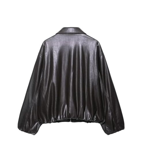 Women's Vintage Loose Turn-Down Collar Long Sleeve Leather Jacket2