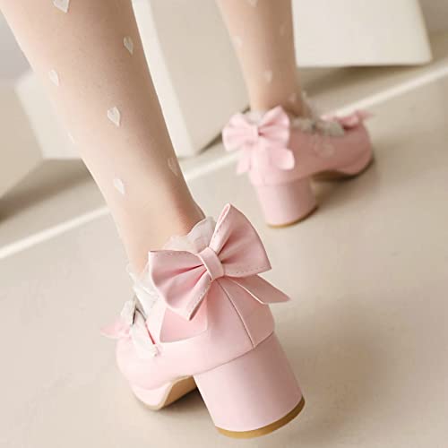 Image of LUXMAX Women Kawaii Mid Block Heel Mary Jane Rockabilly Pumps with Bow Platform Chunky Heel Cute Sweet Shoes