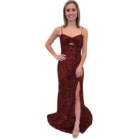TRUSTLINDA Mermaid Prom Dresses for Women Teens Burgundy Sparkly Sequin Long Formal Dresses with Keyhole Bodice Size 8 Cover