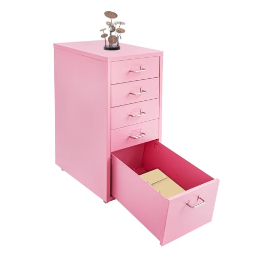 Cajonera con ruedas, archivador móvil, contenedor de oficina con 5 cajones, armario de metal con ruedas, armario de oficina debajo del escritorio para casa y oficina, 28 x 41 x 69 cm (rosa)