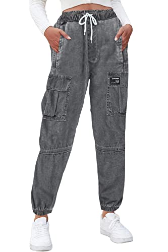 Sangtree Girls Cargo Pants,Denim Elastic Waist Drawstring Jeans Tapered Multi Pockets Cargo Jogger Pants For Girl,Denim Black,11-12 Years Toddler = Tag 160 #TOP2