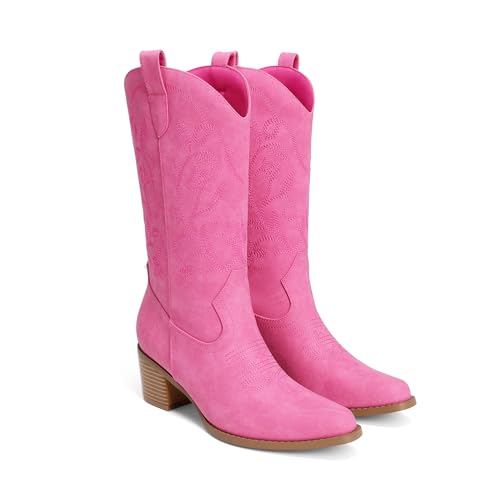 Image of DREAM PAIRS Cowboy Boots for Women Cowgirl Western Boots Fashion Embroidery Stitched Chunky Heel Mid Calf Boots