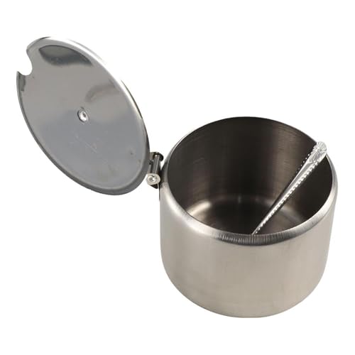 Zuccheriera in acciaio inox con coperchio e cucchiaio, barattolo rotondo per condimenti, contenitore in metallo per spezie e sale (7,5 cm)