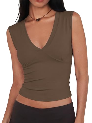 Women Deep V Neck Tops Sexy Polka Dots Sleeveless Crop Top Stretchy Going Out Tank Top Summer Clothes Brown
