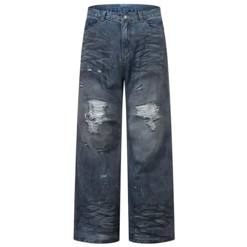 Men’s Painted & Splashed Baggy Jeans, Streetwear Loose Fit, Oversized Denim Trousers