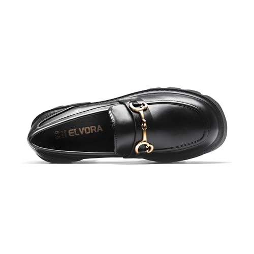 Image of Black Platform Loafers for Women - Women's Slip-On Leather Loafers, Chunky Comfort Shoes for Work & Dressy Occasions