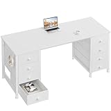 DLisiting White Computer Desk with Drawers on Both Sides for Home Office, 55 inch Girls Teens Desks with Storage Writing Study Table for Bedroom, Makeup Vanity Desks Without Mirror,8 Fabric Drawer