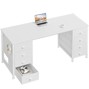 DLisiting White Computer Desk with Drawers on Both Sides for Home Office, 55 inch Girls Teens Desks with Storage Writing Study Table for Bedroom, Makeup Vanity Desks Without Mirror,8 Fabric Drawer