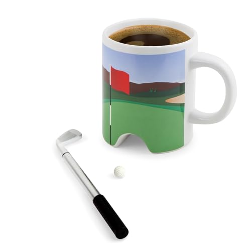 Kikkerland Putting Golf Mug – Fun Desktop Golfing Set for Home & Office – Includes Porcelain Cup with Hole, Mini Golf Ball, & Pen with Club Cap