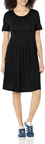 DouBCQ Women's Casual Short Sleeve Flowy Pleated Loose Dresses with Pockets (Black, M)