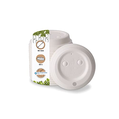 BIOZOYG Couvercle en papier avec bec I Couvercle pour café à emporter Ø 90 mm blanc I Pour gobelets à café en papier I Biodégradable et compostable I Couvercle avec ouverture I 50 pièces