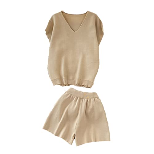 Survêtement en tricot anti-froissement ensemble short et pull col V stretch kaki
