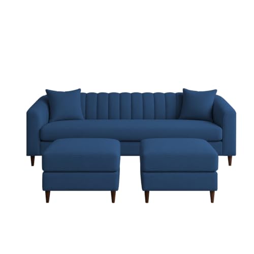 Image of Doraldo 3 Seater Sofa Set with 2 Ottoman for Living Room (Blue) Premium Fabric Sofa