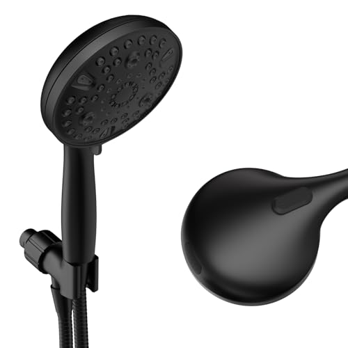 High Pressure Rain Handheld Shower Head Set,Anti-clog Nozzles with Handheld Spray Combo,Fixed Showerhead 6-Mode,59 Inch Hose Bracket Teflon Tape Rubber Washers,Matte Black(MLJ-SC001SGN-2YHS) by HLNGDA - Used condition - US$15.86