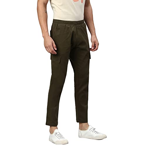 Image of Hubberholme Men's Regular Fit Cotton Trousers, Ankle Length Elastic & Drawstring Waist Cargo Chinos