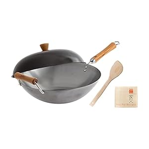 JOYCE CHEN Classic Series 14-Inch Uncoated Carbon Steel Wok Set with Lid and Birch Handles, 4 Pieces