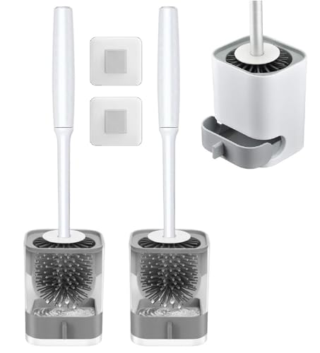 Clyton Pack of 2 Silicone Toilet Brush with Holder Stand, Bathroom Toilets Bowl Cleaning Brush with Non-Slip Long Handle Floor Standing Holder & Wall Mounted Without Drilling Quick Drying Holder Set