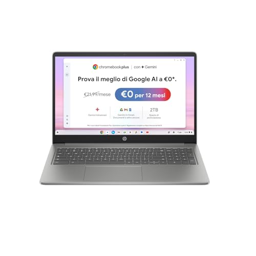 HP Chromebook Plus 15-nb0000sl, Intel Core i3-N305, 8GB RAM LPDDR5, UFS da 128GB, Display da 15,6' HD, IPS, Antiriflesso, Scheda grafica Intel UHD, Wi-Fi, Webcam HD, ChromeOS, Argento Roccia