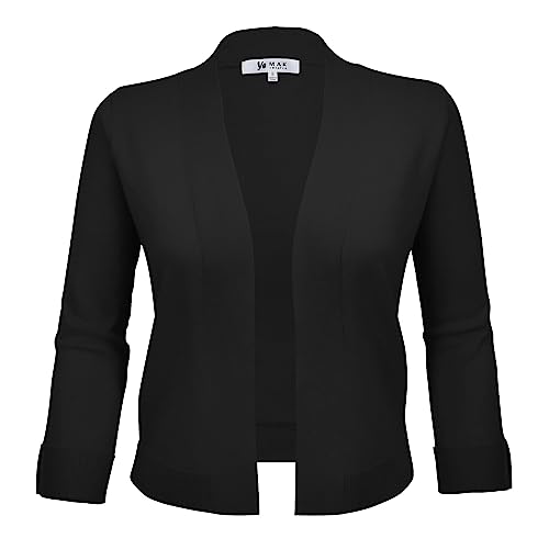 Image of YEMAK Women's Crop Cardigan Sweater - 3 /4 Sleeve Open Front Classic Basic Knit Bolero Cropped Soft Lightweight Knitted Top