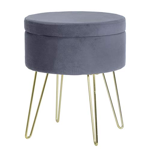 Aria Grey Fabric Storage Stool Chair with Footrest Velvet Home Dressing Table Accessory - Grey Footstool Metal Legs Furniture - Small Footstools