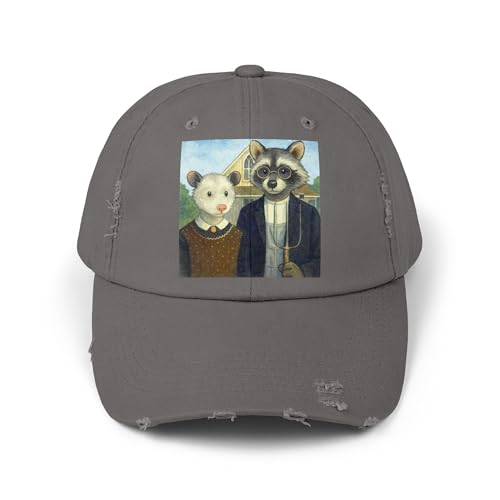Critter Gothic Unisex Cap, Racoon and Possum Distressed Hat, Fine Art Parody of American Gothic Painting, Animal Lover Gift