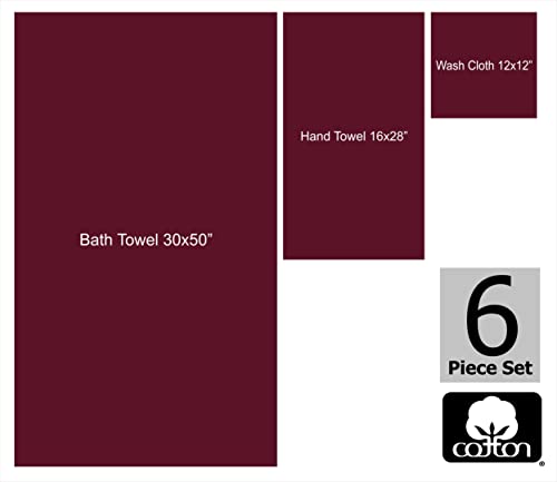 Cotton Craft 6 Piece Towel Set - 100% Cotton Cloud Soft Sculpted Jacquard Velour Decorative Guest Towel - Luxurious Absorbent Bathroom Towel Gift - 2 Bath Towels, 2 Hand Towels, 2 Washcloth - Burgundy #TOP4