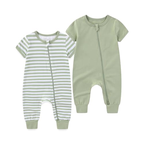 Image of BIGBIGKISS Baby Boy Girl 2 Pack Romper Infant Short Sleeve 2 Way Zipper One Piece Jumpsuits Newborn Clothes 0-24 Months