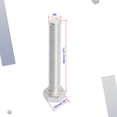 Image of M6 x 40mm Hex Head Bolts Screws Grade 5.8 Stainless Steel, Fasteners Fully Machine Threaded SUS304 10 Pcs