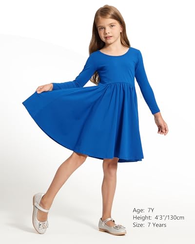 Image of Stelle Long Sleeve Girls Dress Toddler Dresses Skater Twirl Cotton A-Line Dress for School Casual | Criss Cross Back,Crew Neck,High Waist,Spinny Swing,Stretchable,Spring Fall Winter,Casual School Birthday Dance