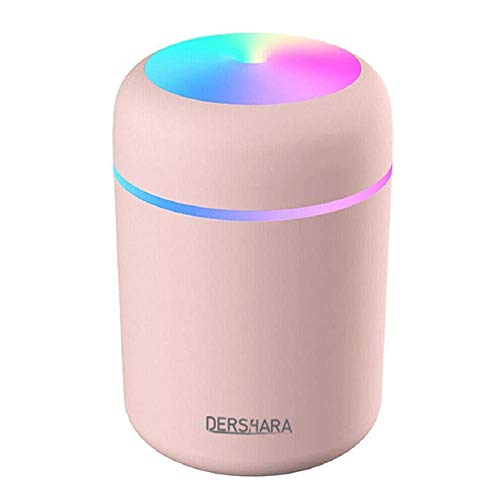 DERSHARA Humidificador Mini - Unidad de humidificación de Primera Calidad con Tanque de Agua de 300ml, Funcionamiento ultrasónico silencioso, Apagado automático y función de luz Nocturna (Rosado)