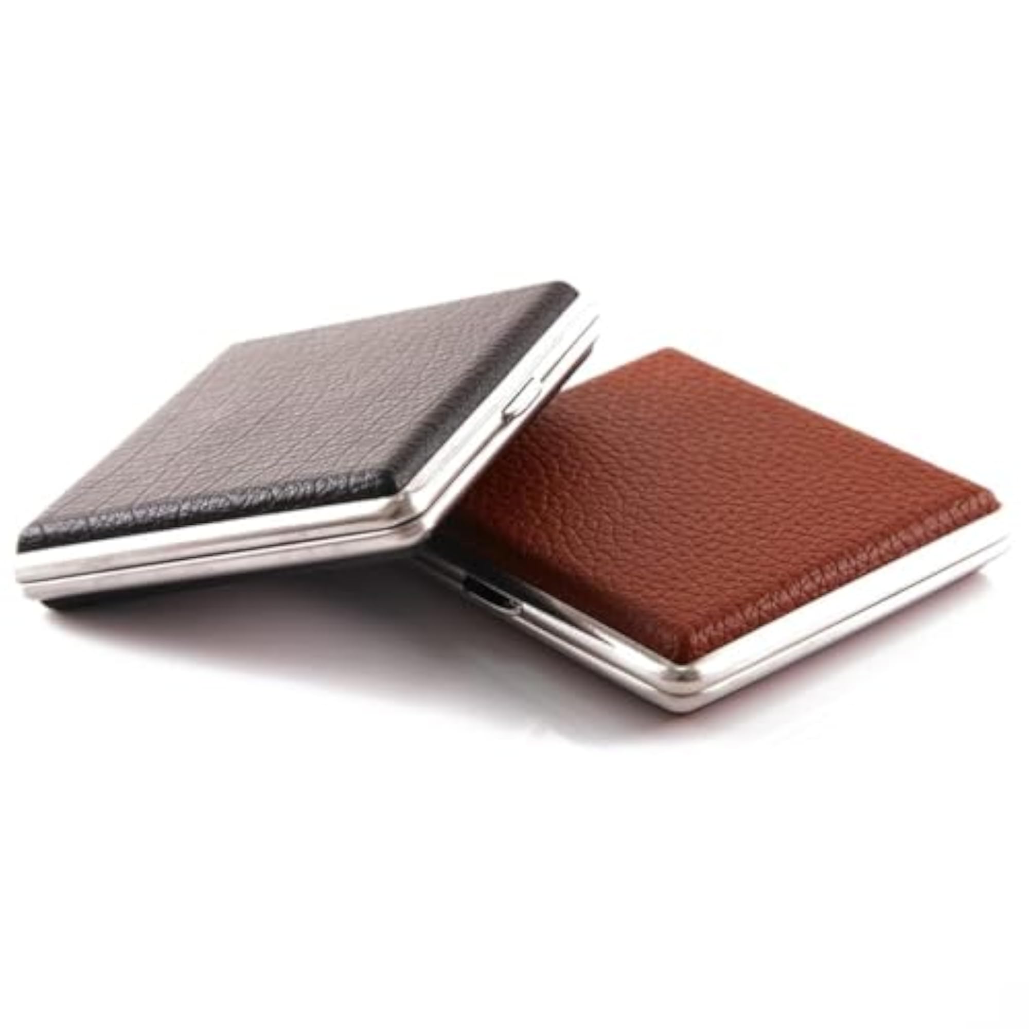 2Pcs PU Leather and Metal Cigarette Case, Black & Brown